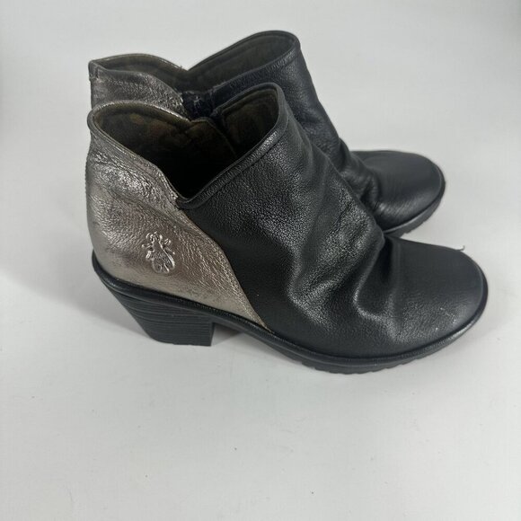 Fly London Womens Black & Metallic Leather Ankle Boots 37W With Side Zipper - Picture 6 of 8